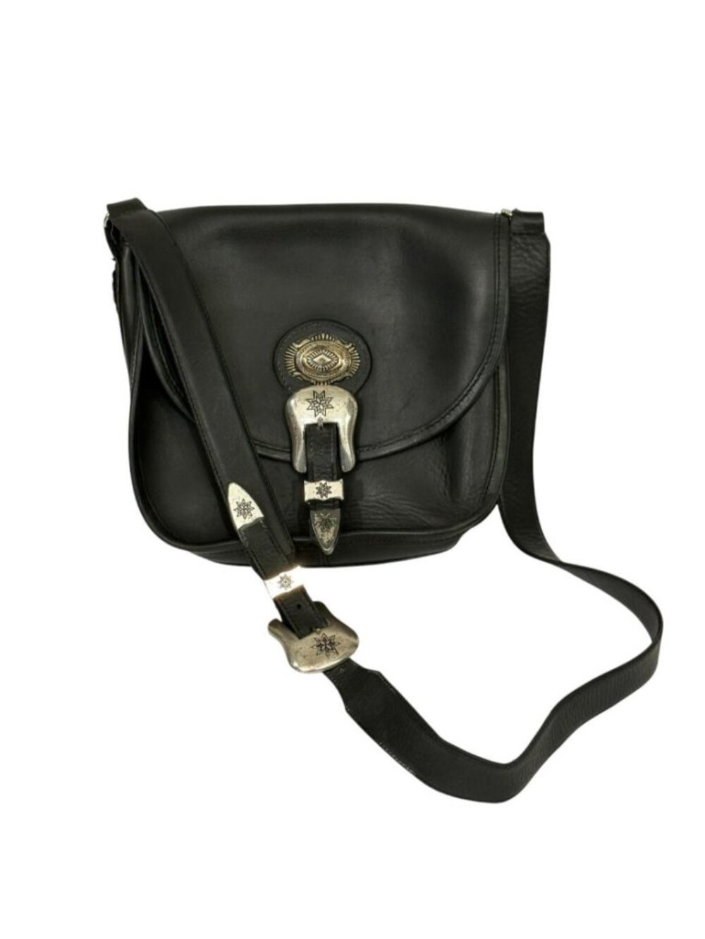 Southwestern Black Leather Concho Crossbody Saddle Bag Western Boho Silver-Tone